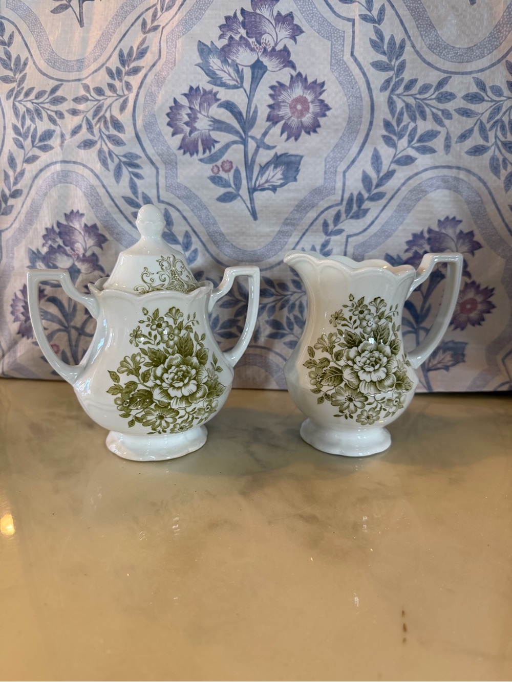 Vintage J&G Meakin Avondale Green Ironstone Creamer & Covered Sugar Bowl England